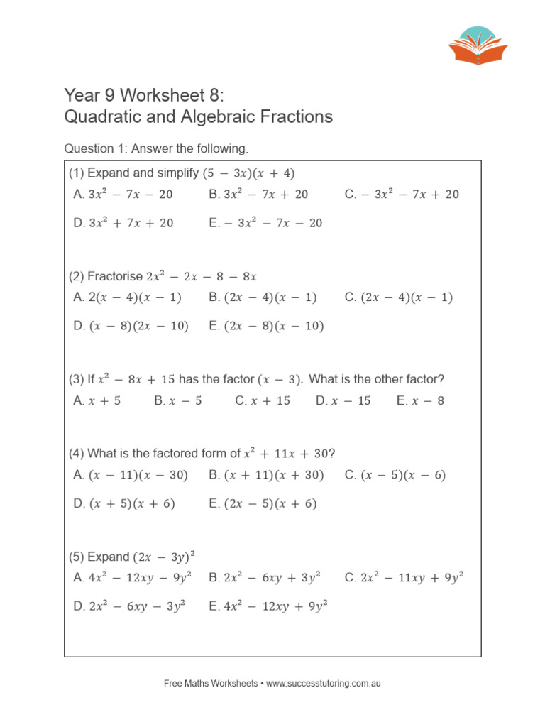 Year 9 Worksheet 8 Quadratic and Algebraic Fractions | PDF ...