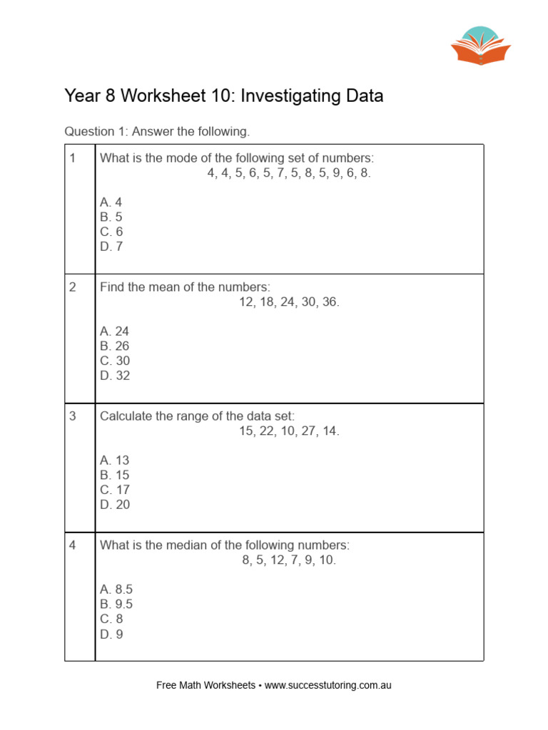 Year 8 Worksheet 10 Investigating Data | PDF | Mean | Median