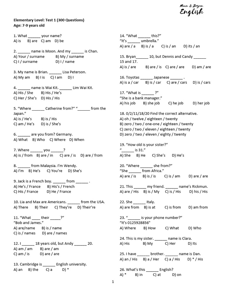 Elementary Level Test 1 300Q | PDF