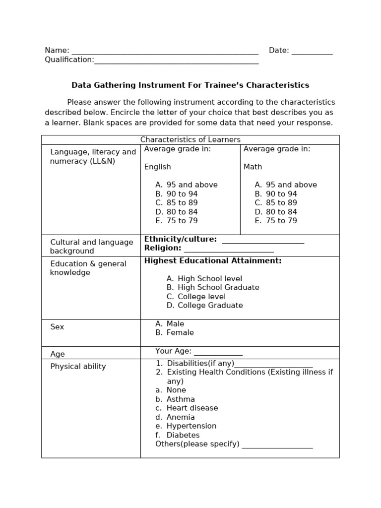 Data Gathering Instrument for Trainee | PDF | Human Communication ...