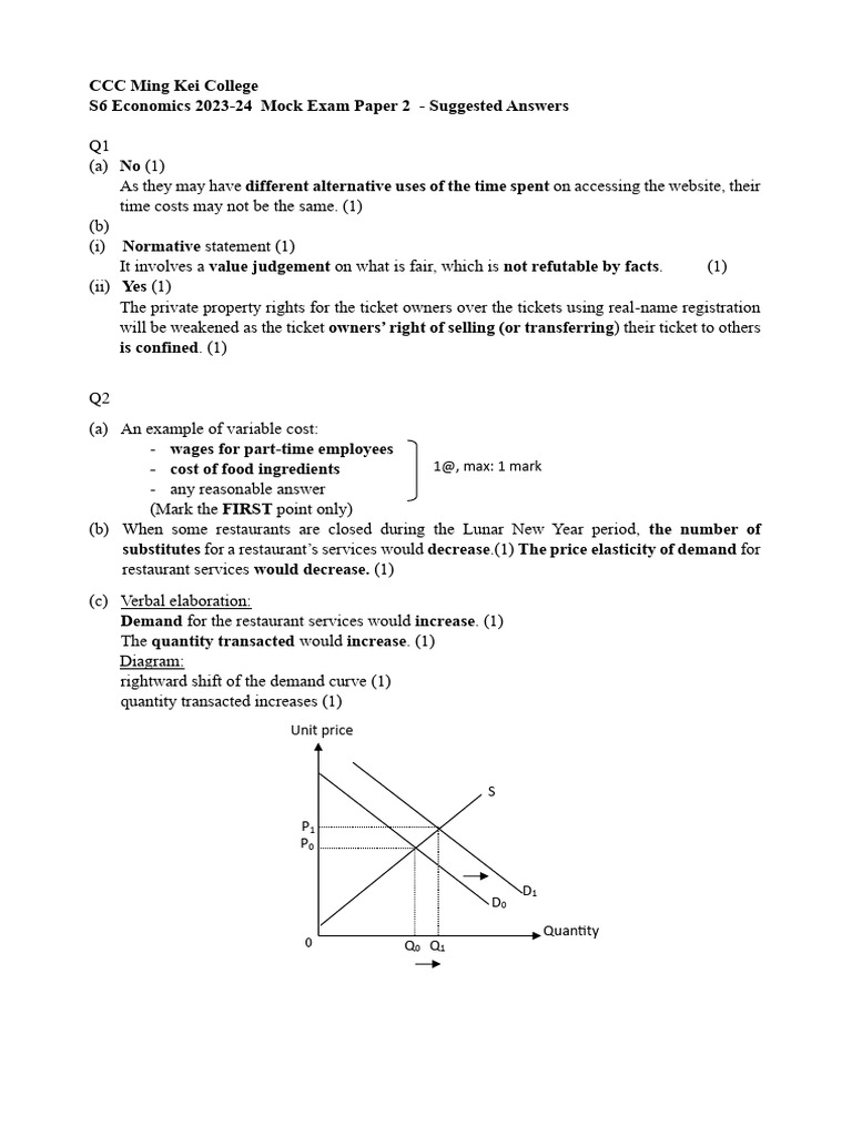 S6 Mock Exam Paper 1&2 Answer 2023-24 | PDF | Economic Surplus | Marketing