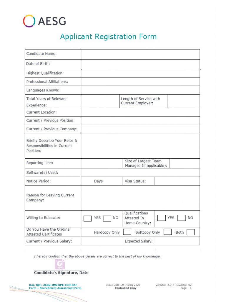 Applicant Registration Form Aesg | PDF