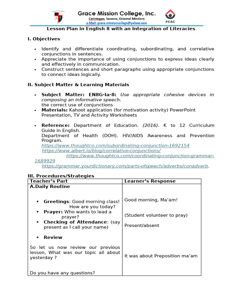Lesson Plan Outline Conjunction | PDF | Grammar | Linguistics