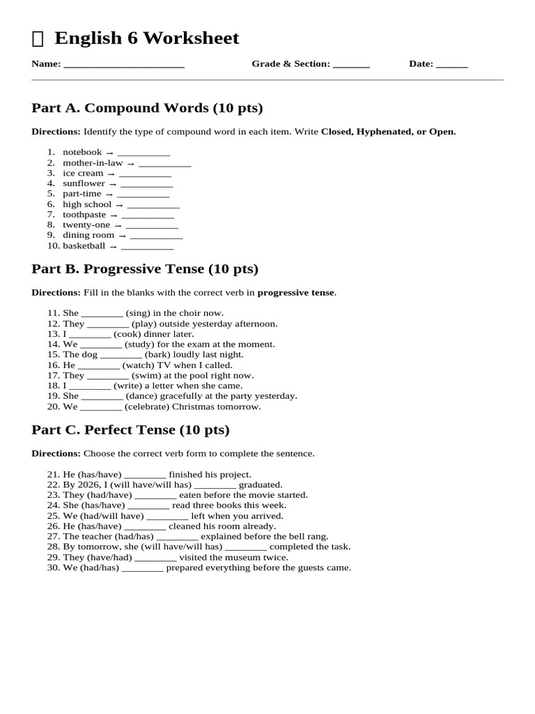 ? English 6 Worksheet | PDF