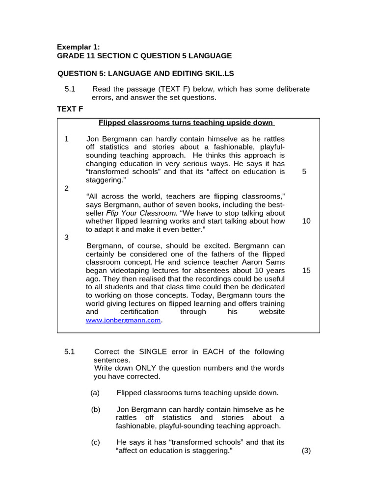 GRADE 11 EFAL SECTION C Question 5 Language Exemplar 1 | PDF ...