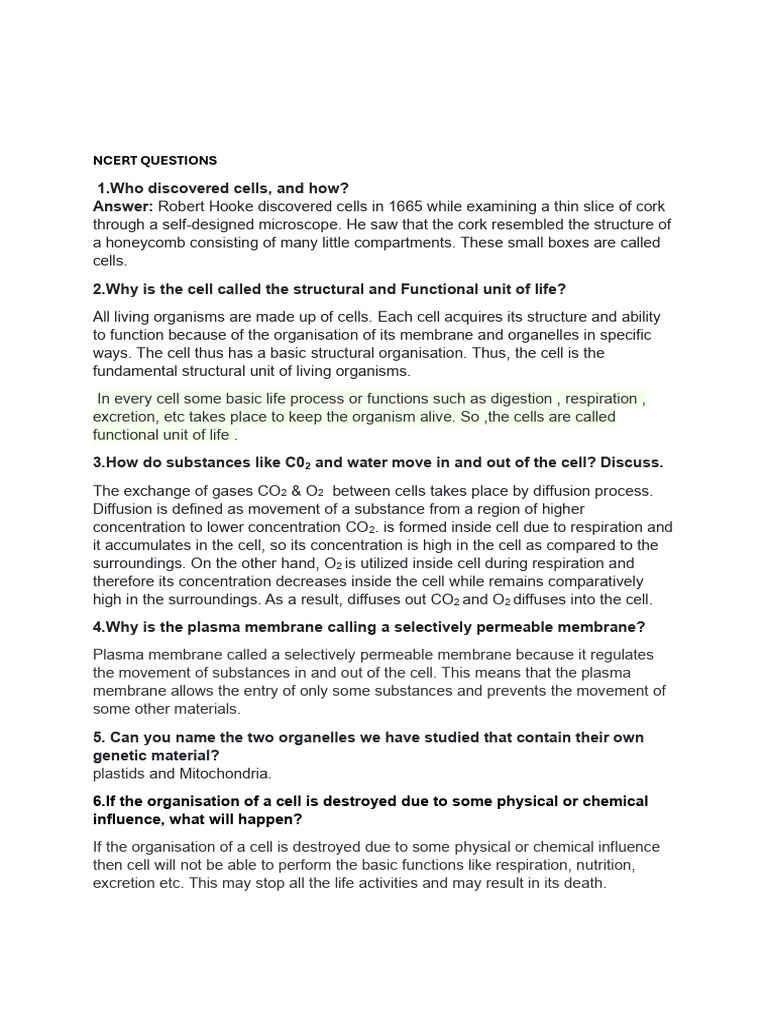 Ncert Questions and Answers | PDF | Cell (Biology) | Endoplasmic Reticulum