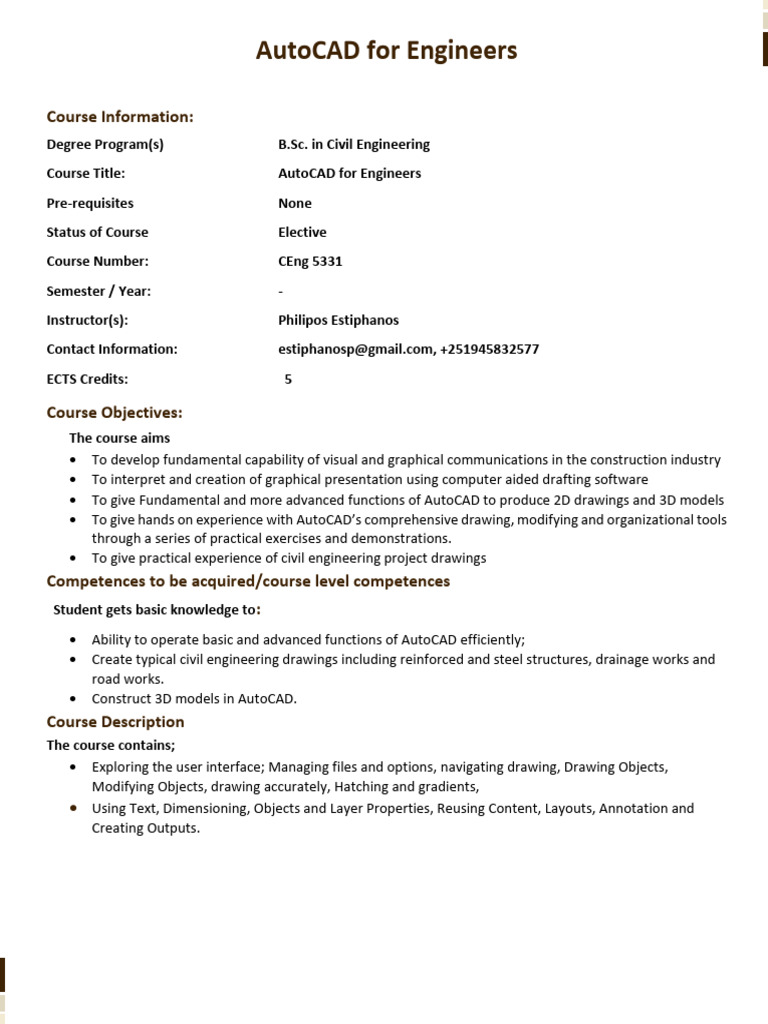 Course Outline for AutoCAD for Engineers | PDF | Drawing | Auto Cad