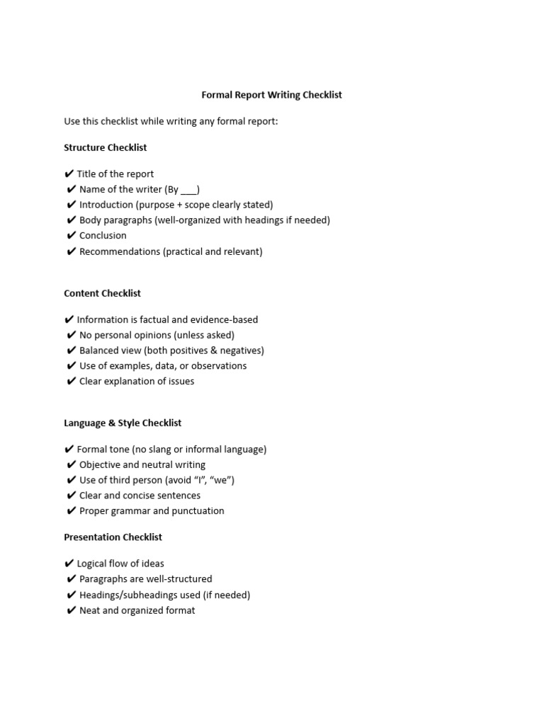 Formal Report Writing Checklist Topics | PDF