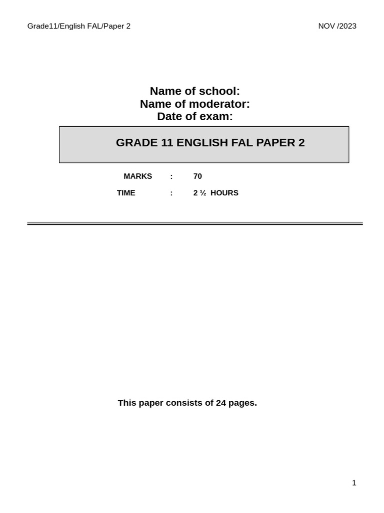 English Fal Grade 11 Paper 2 Question Paper Final Nov 2023 | PDF