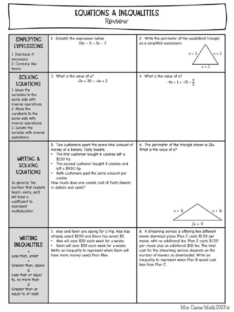03 - Equations & Inequalities 8th Grade Math Test Review Sheet STAAR ...