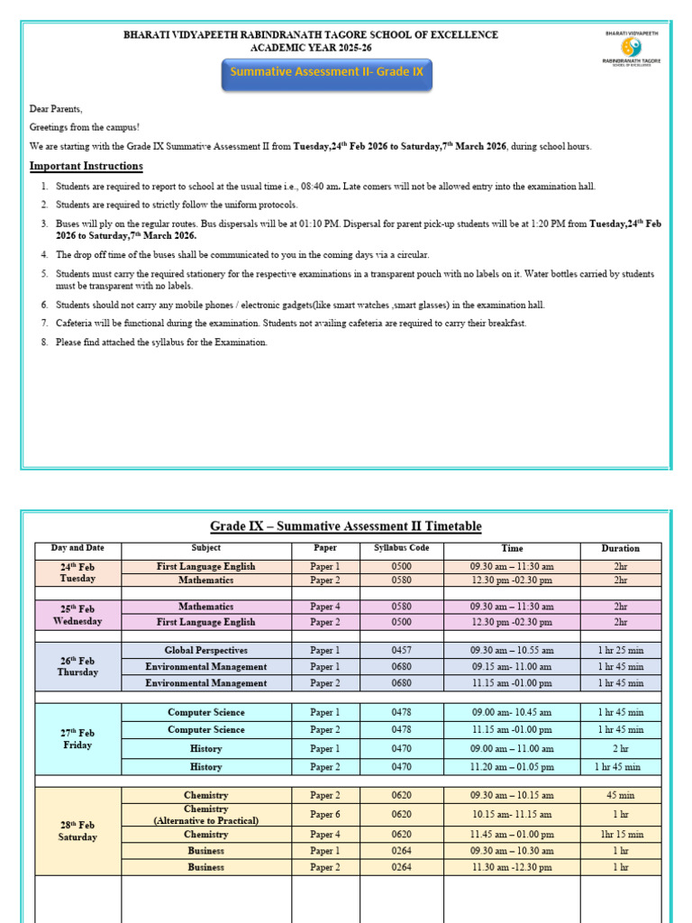 Revised SA- II Exam Schedule Grade 9 | PDF