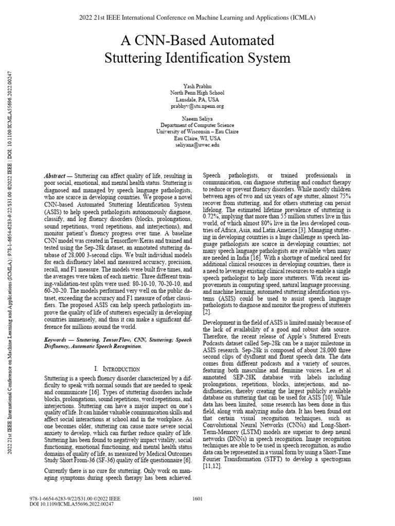 A CNN-Based Automated Stuttering Identification System | PDF