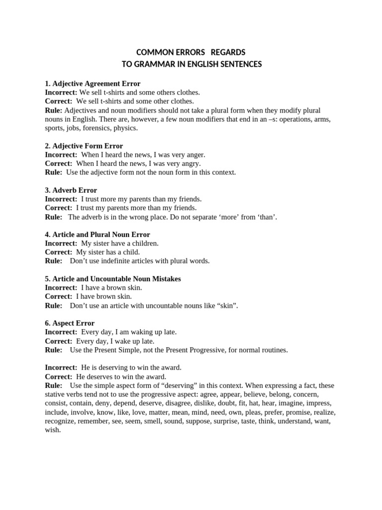 Common Errors regards to Grammar in English Sentences | PDF