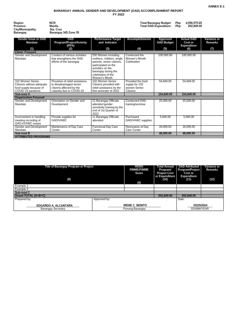 Annex E-1 Barangay Gad Ar Form 2022 | PDF
