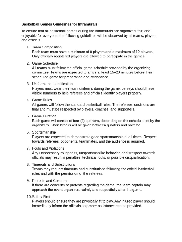 Basketball Games Guidelines for Intramurals | PDF
