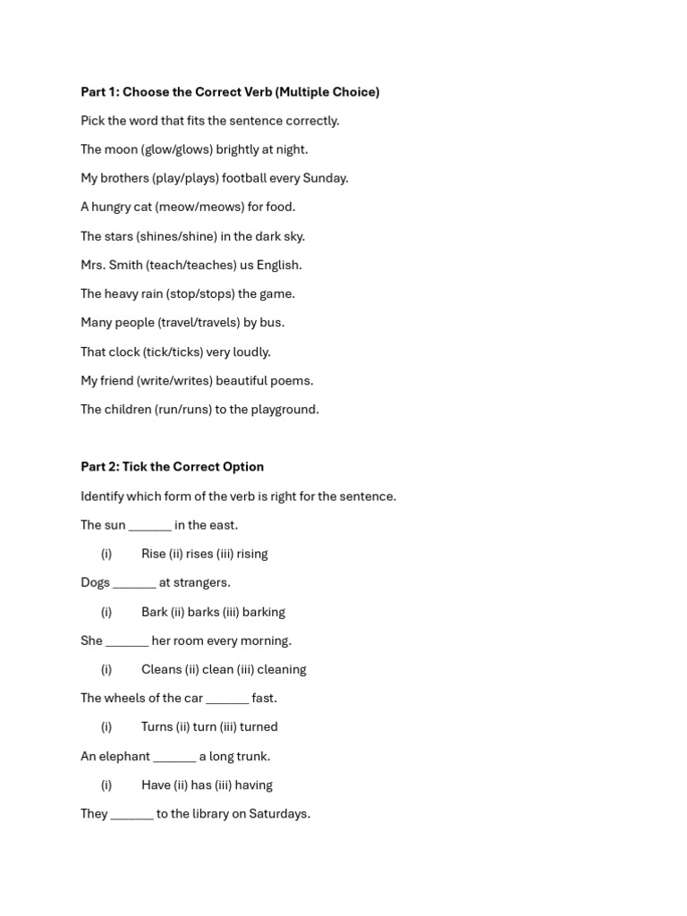 Subject Verb Agreement Question Sheet | PDF