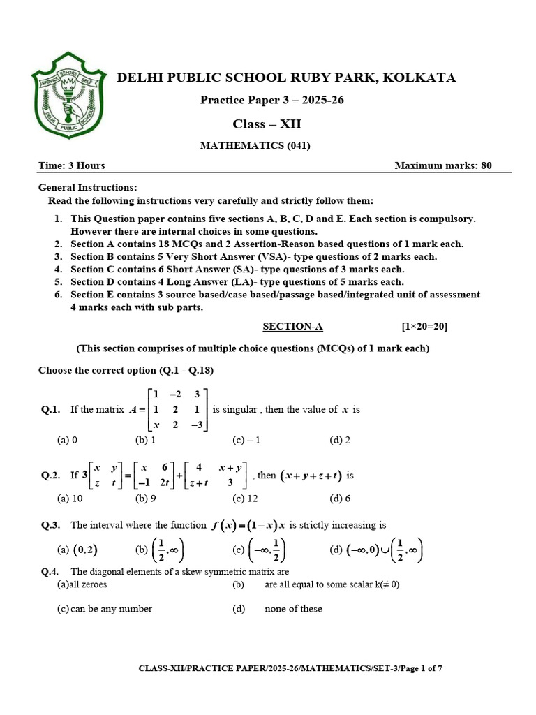 Practice Paper 3 Xii2025-2026 | PDF | Mathematical Physics | Geometry