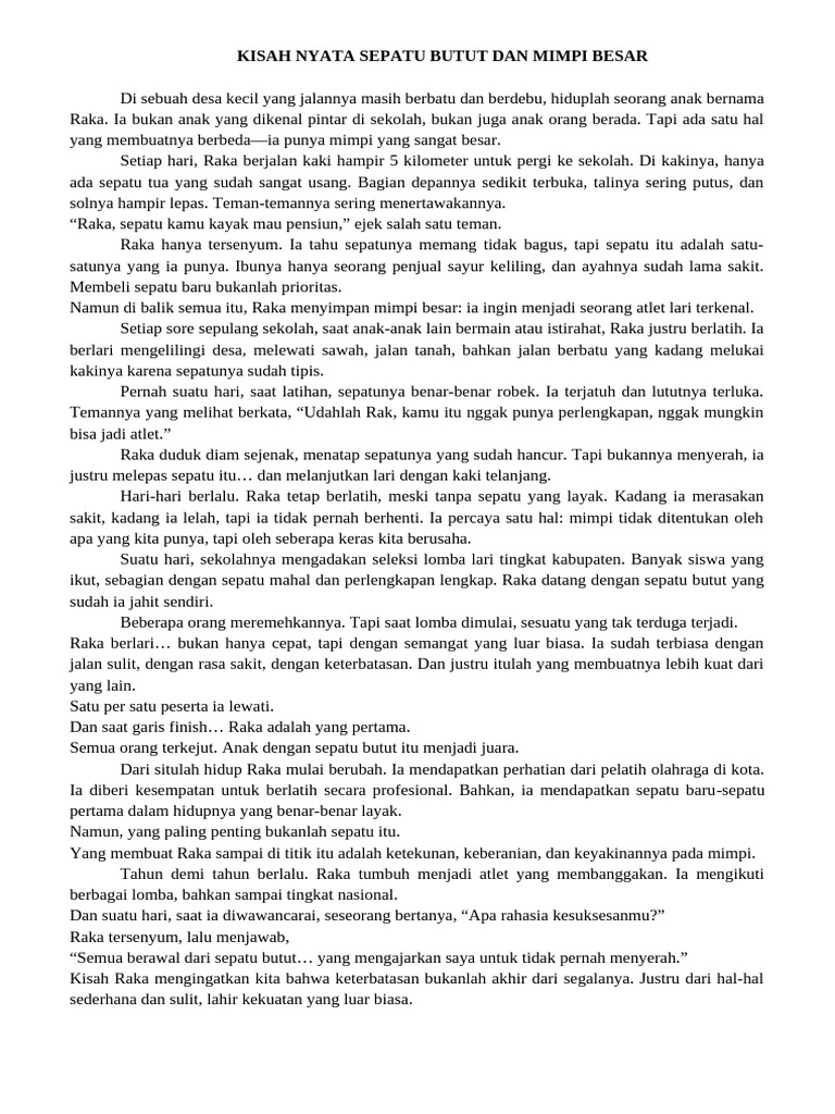 Kisah Nyata Sepatu Butut Dan Mimpi Besar Cerita | PDF