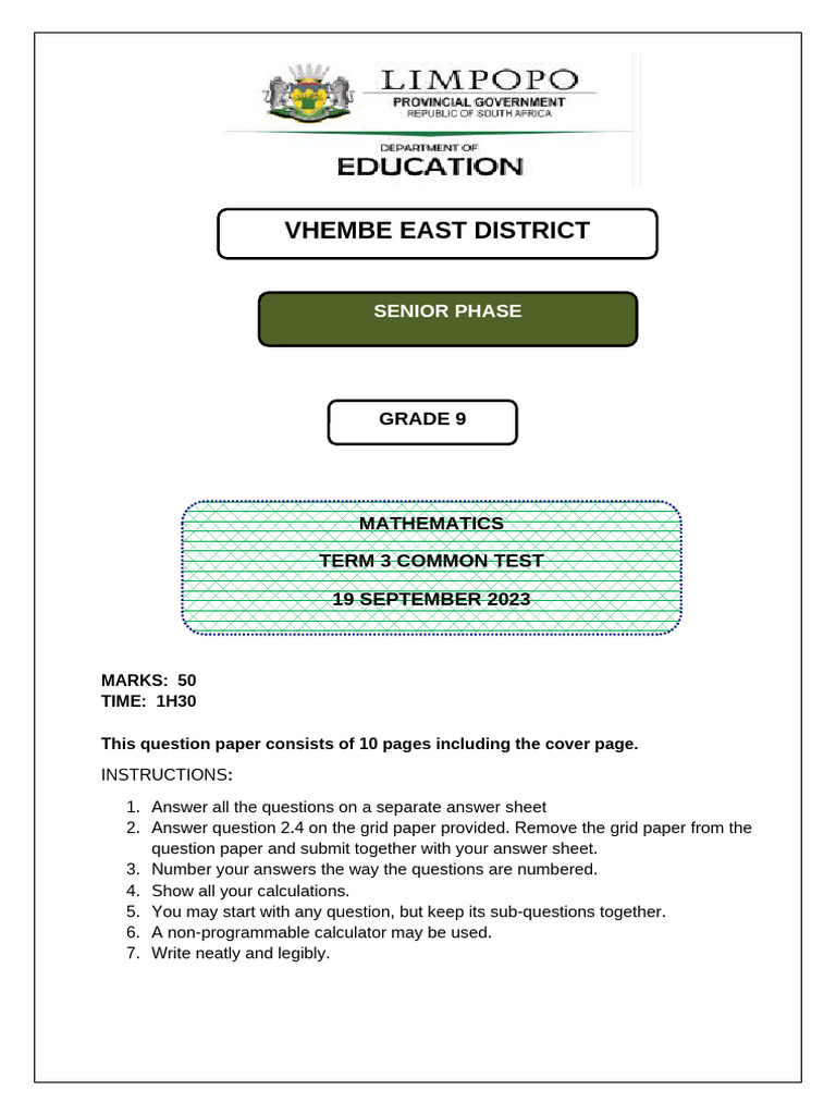 2023 Term 3 Gr 9 Mathematics Test | PDF | Angle | Line (Geometry)