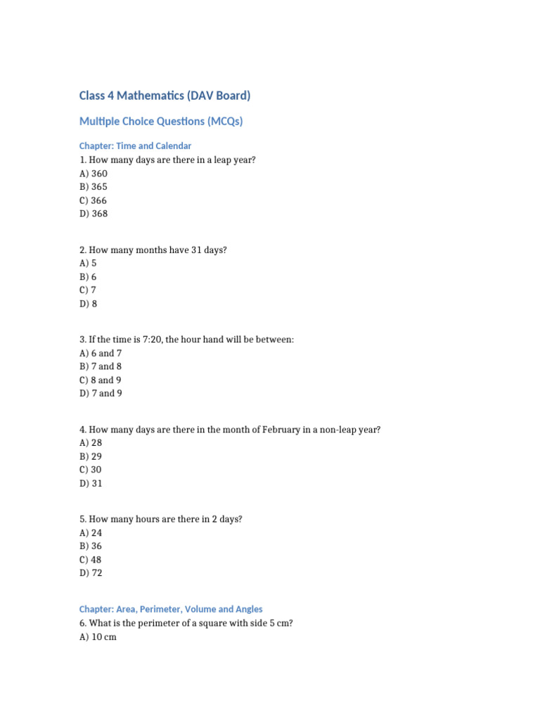 Class 4 Maths DAV MCQ With Answers | PDF