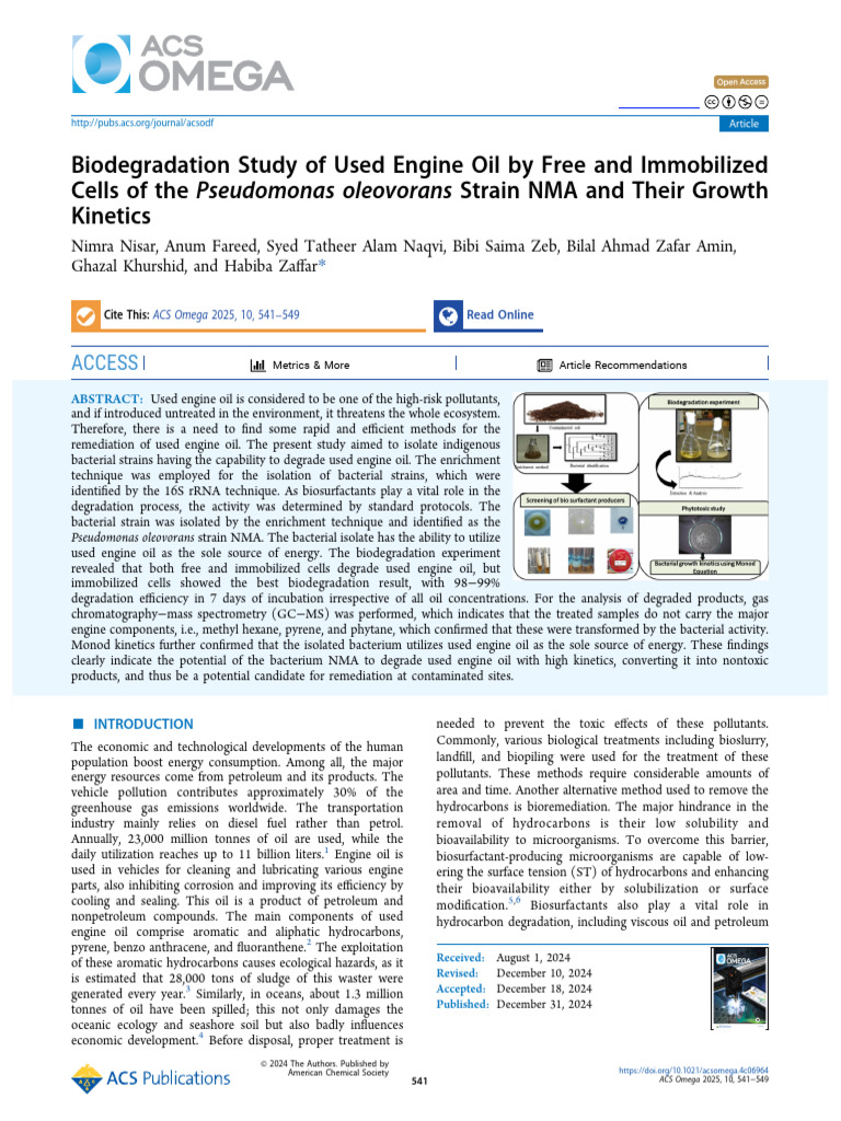 Biodegradation Study of Used Engine Oil by Free and Immobilized Cells ...
