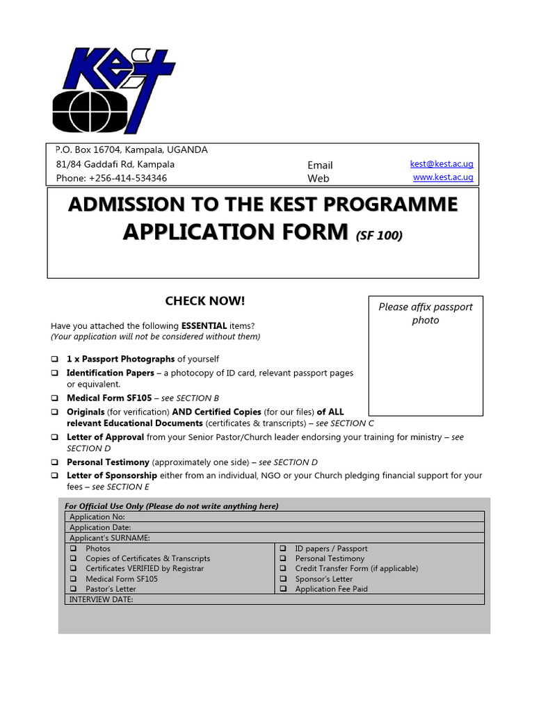 SF 100 - Admissions Application Form | PDF | Identity Document