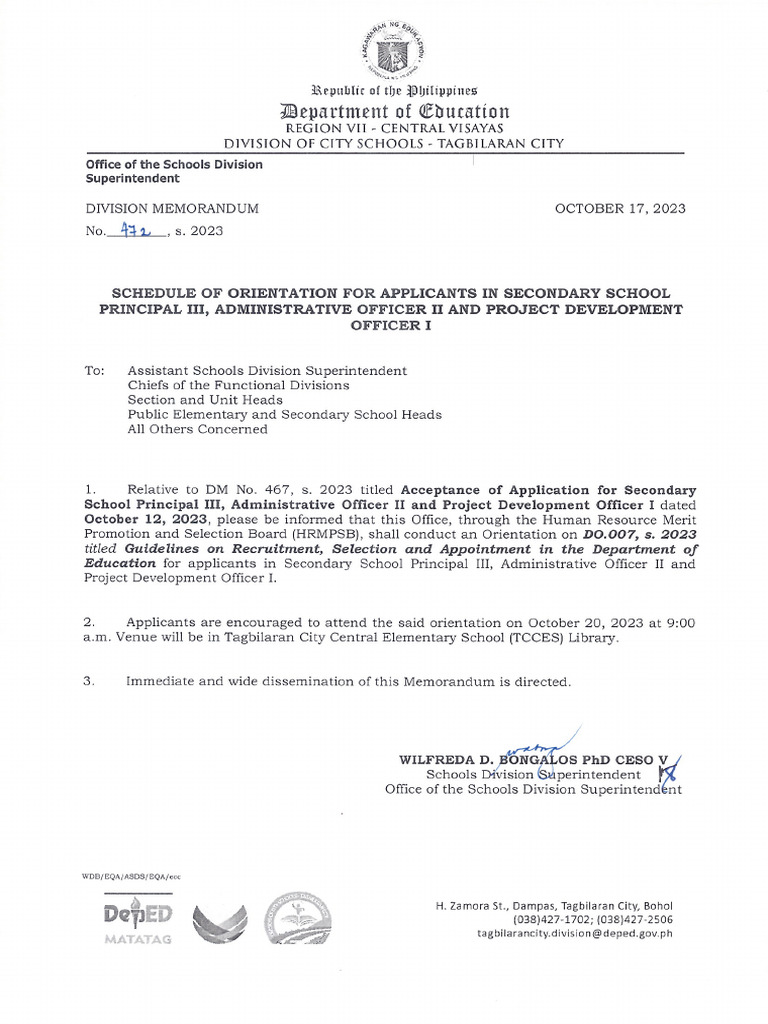 Dm No. 472 s. 2023 Schedule of Orientation for Applicants in Secondary ...