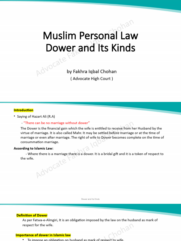 Dower and Its Kinds Lecture | PDF | Marriage | Marriage, Unions And ...