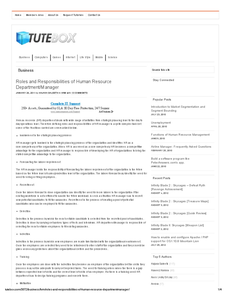 Roles and Responsibilities of Human Resource Department - Tutebox | PDF ...