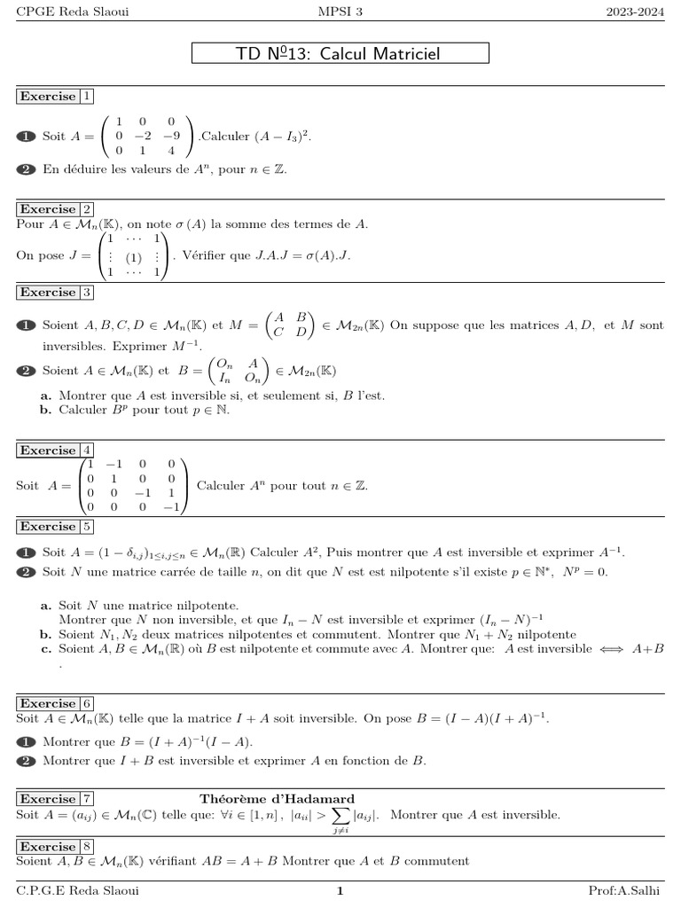 TD Calcul Matriciel 2023-2024 | PDF | Matrice (Mathématiques ...