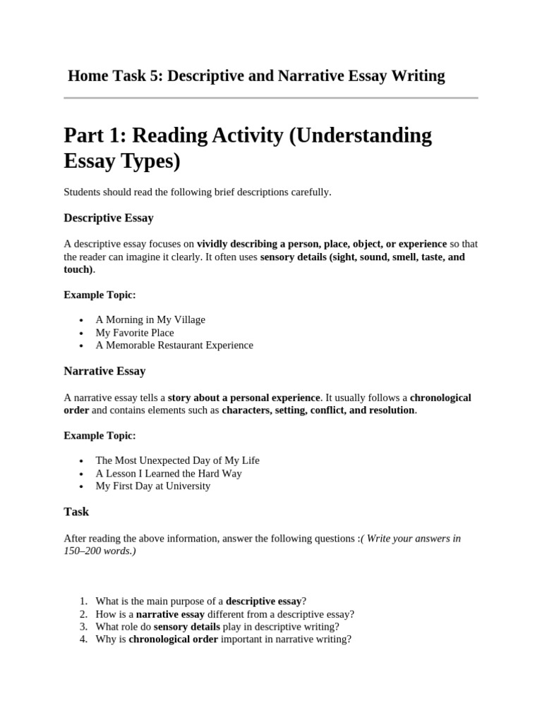 Home Task 5 descriptive and narrative essay | PDF | Essays | Narrative