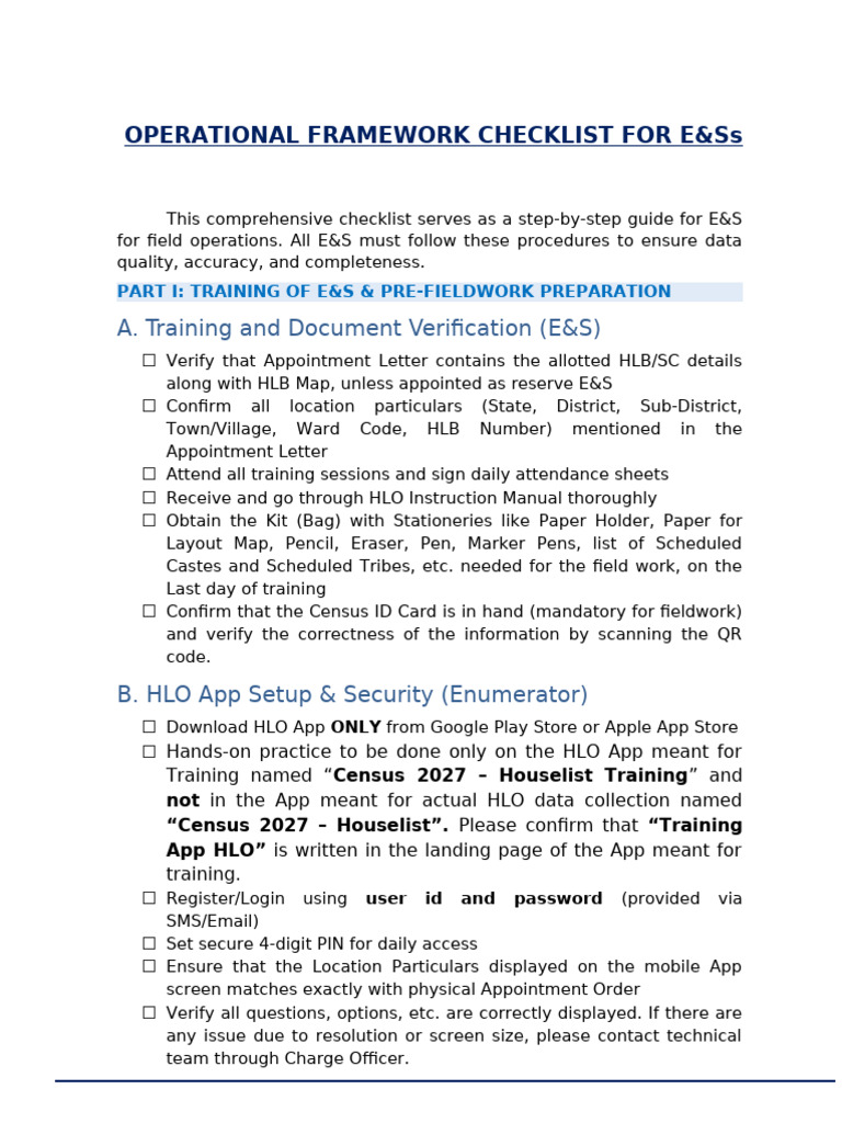 Operational CheckList for E&S | PDF | Census | Mobile App
