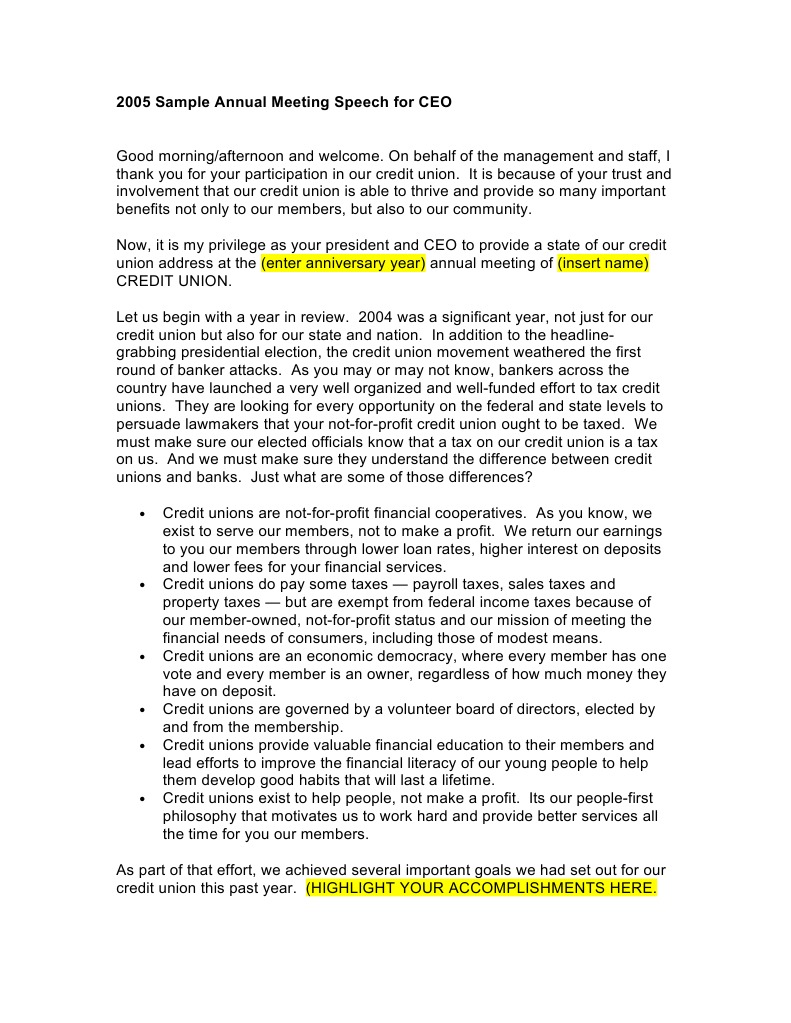 2005 Sample Annual Meeting Speech For CEO Credit Union Banks