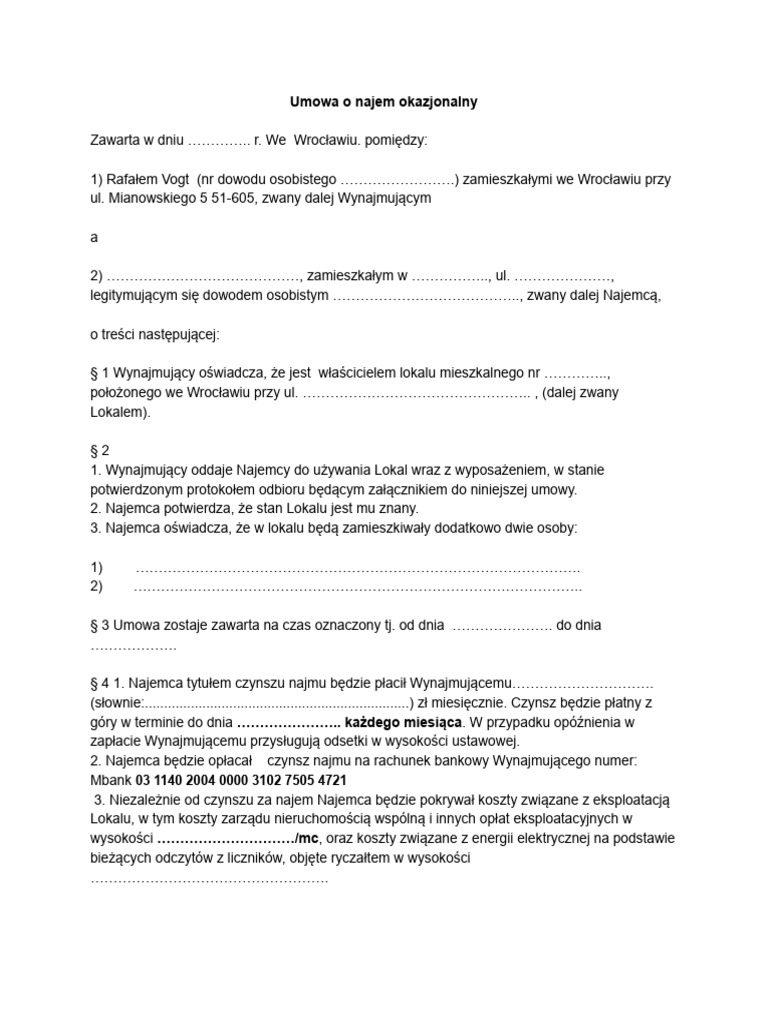 Umowa o Najem Okazjonalny | PDF