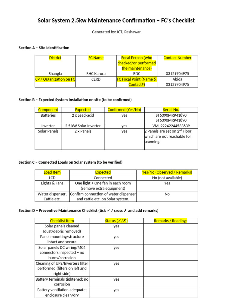 Solar_System_Maintenance_Check List for FC Karora | PDF | Power ...