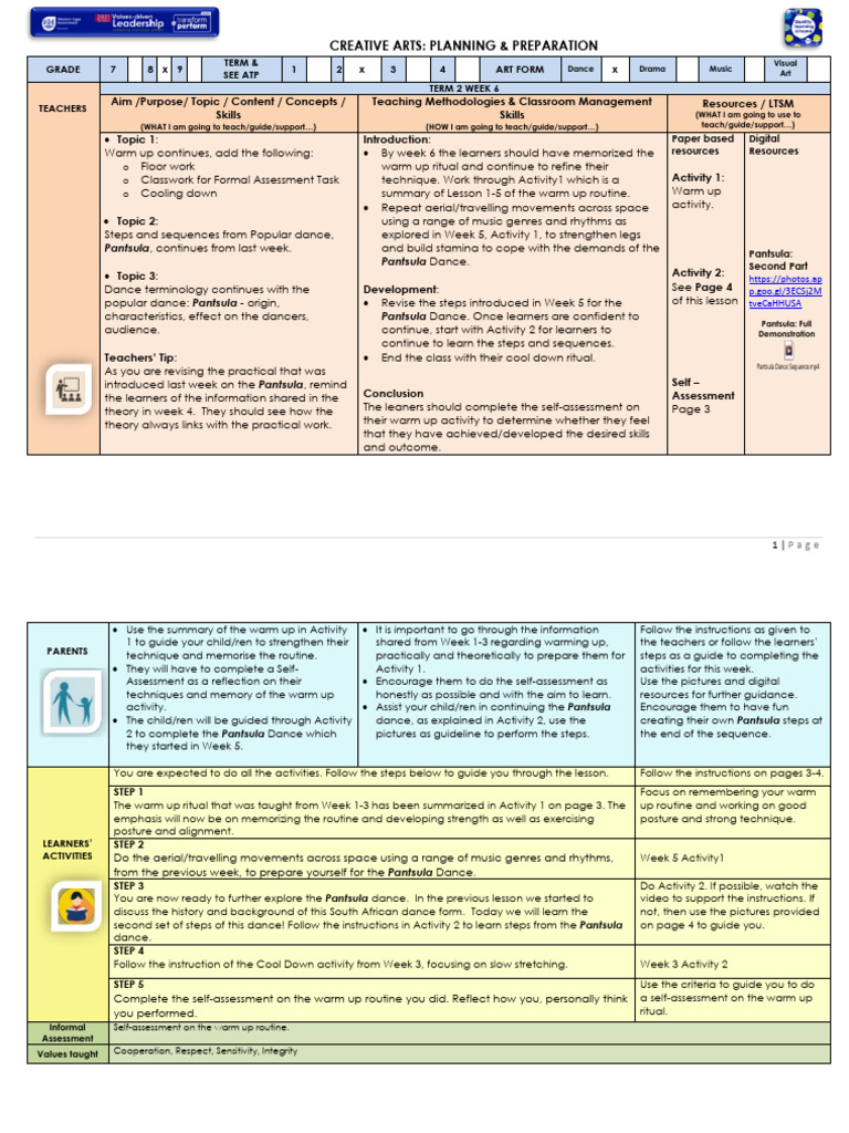 Lesson Plan Gr 8 Creative Arts Dance T2 W6 | PDF | Dances | Learning