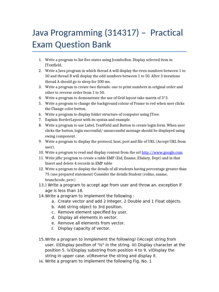 Java Programming (314317) Practical Exam Question Bank | PDF | String ...