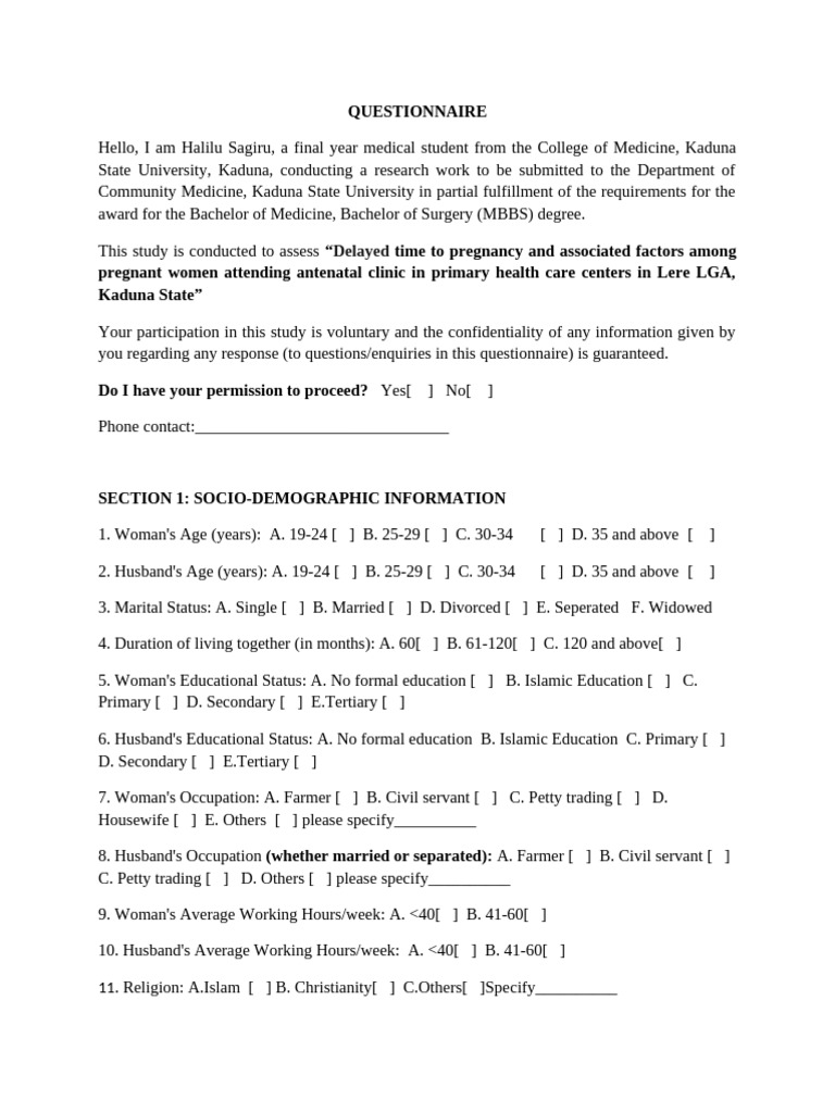Questionnaire Printed | PDF | Family Planning | Birth Control