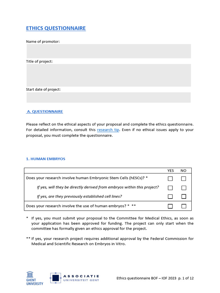 Ethics Questionnaire | PDF | Embryonic Stem Cell