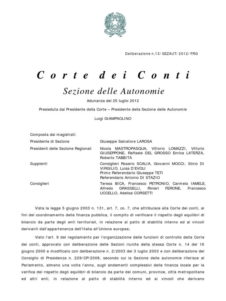 Delibera 13 2012 Relazione Corte Dei Conti