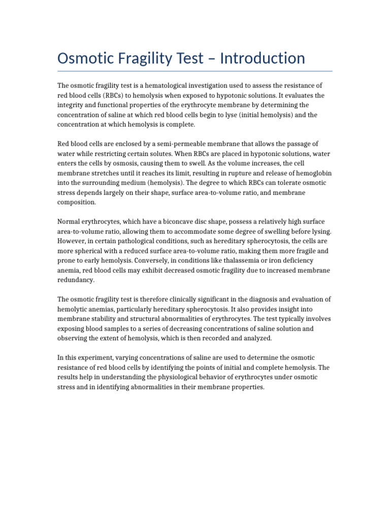 Osmotic Fragility Test Introduction | PDF