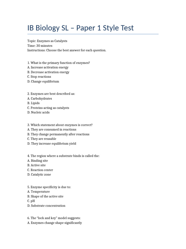 IB_Biology_Enzymes_Test-1 | PDF | Enzyme | Active Site