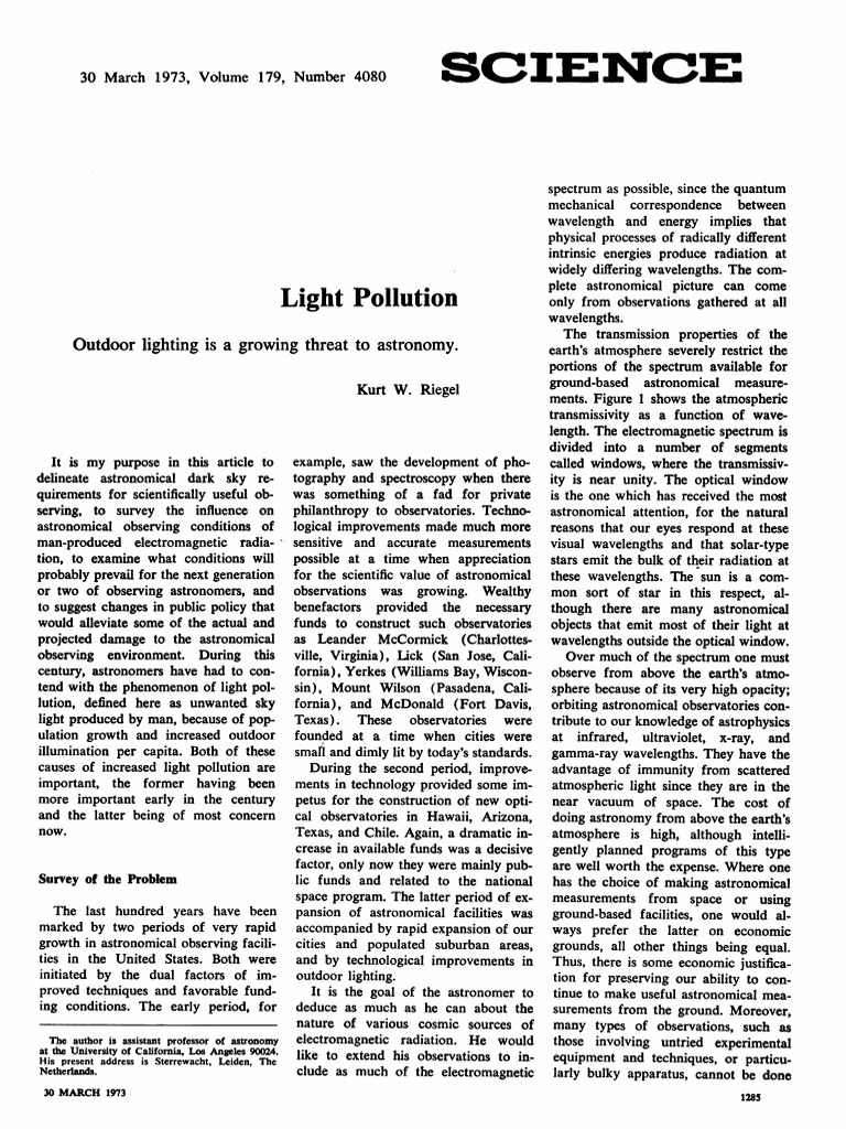 Light Pollution 1973 Science Article | PDF | Astronomy | Incandescent ...