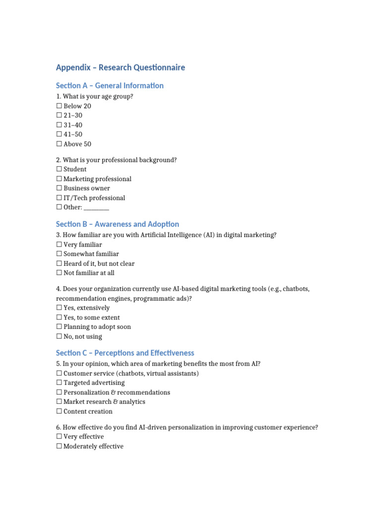 Digital Marketing Questionnaire | PDF
