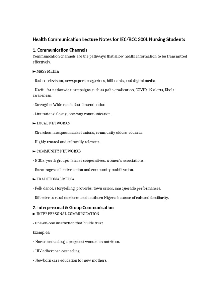 Health Communication Lecture Notes for IEC-BCC 300L Nursing Students | PDF