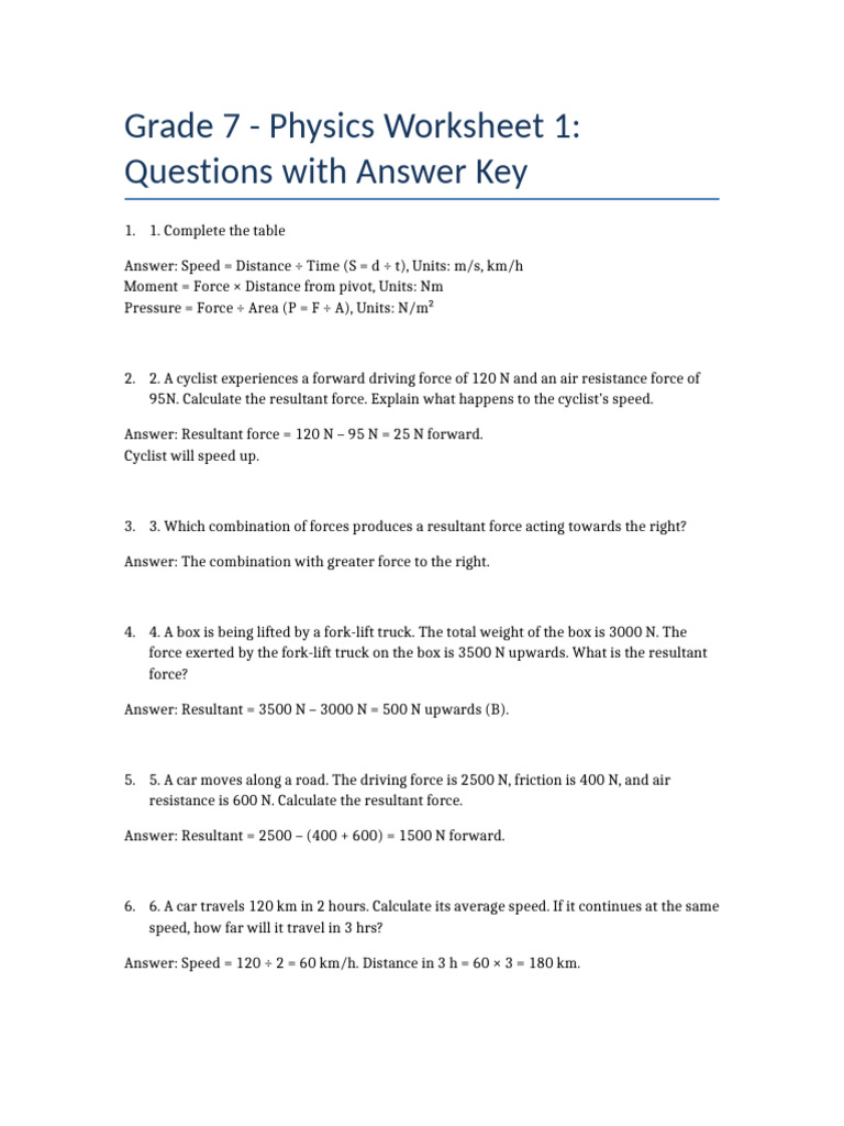 Physics Worksheet Questions With Answers | PDF | Force | Pressure