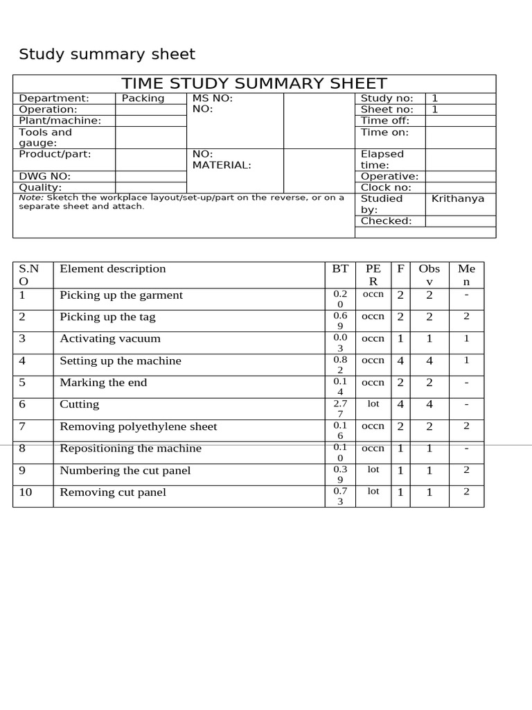 Time Study Summary Sheet Ep6 | PDF | Industrial Processes