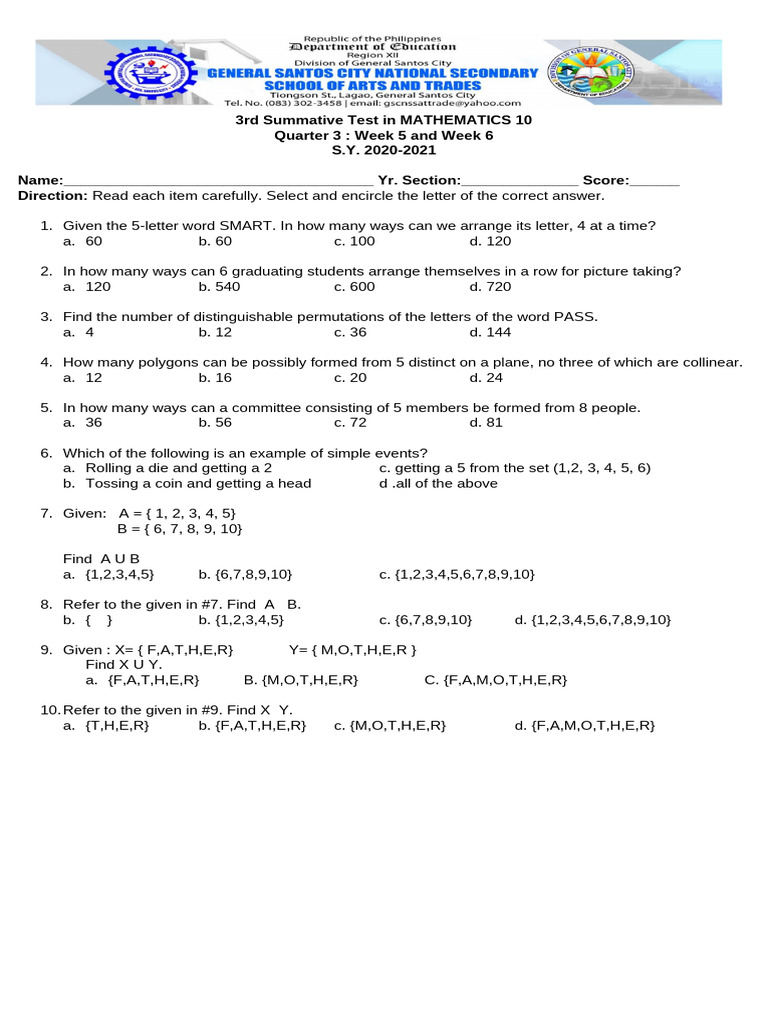 Q3 3rd Summative Test in MATHEMATICS 10 | PDF