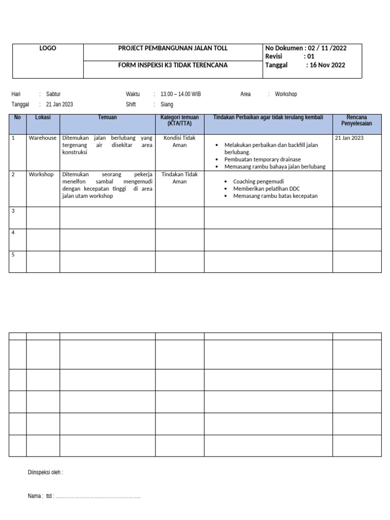 Form Inspeksi Tidak Terencana | PDF