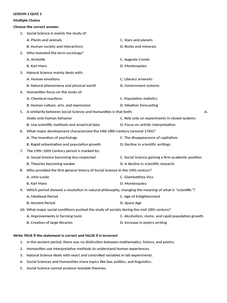 Lesson 1 - Quiz 1 For Print | PDF | Social Sciences | Science